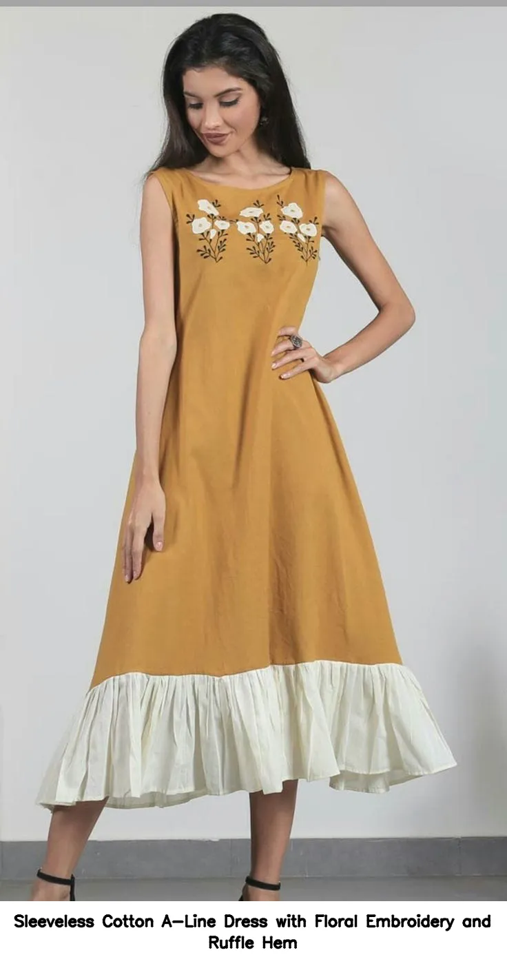 Sleeveless Cotton A-Line Dress with Floral Embroidery and Ruffle Hem