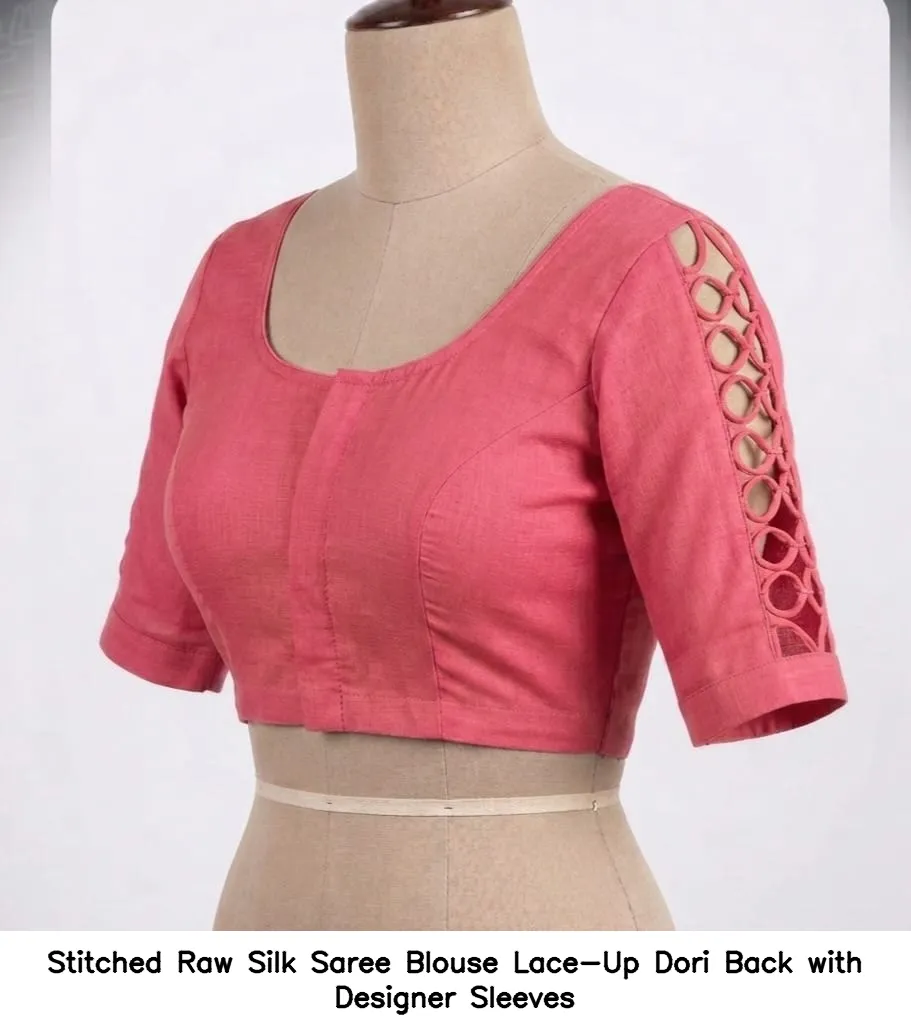 Stitched Raw Silk Saree Blouse – Lace-Up Dori Back with Designer Sleeves