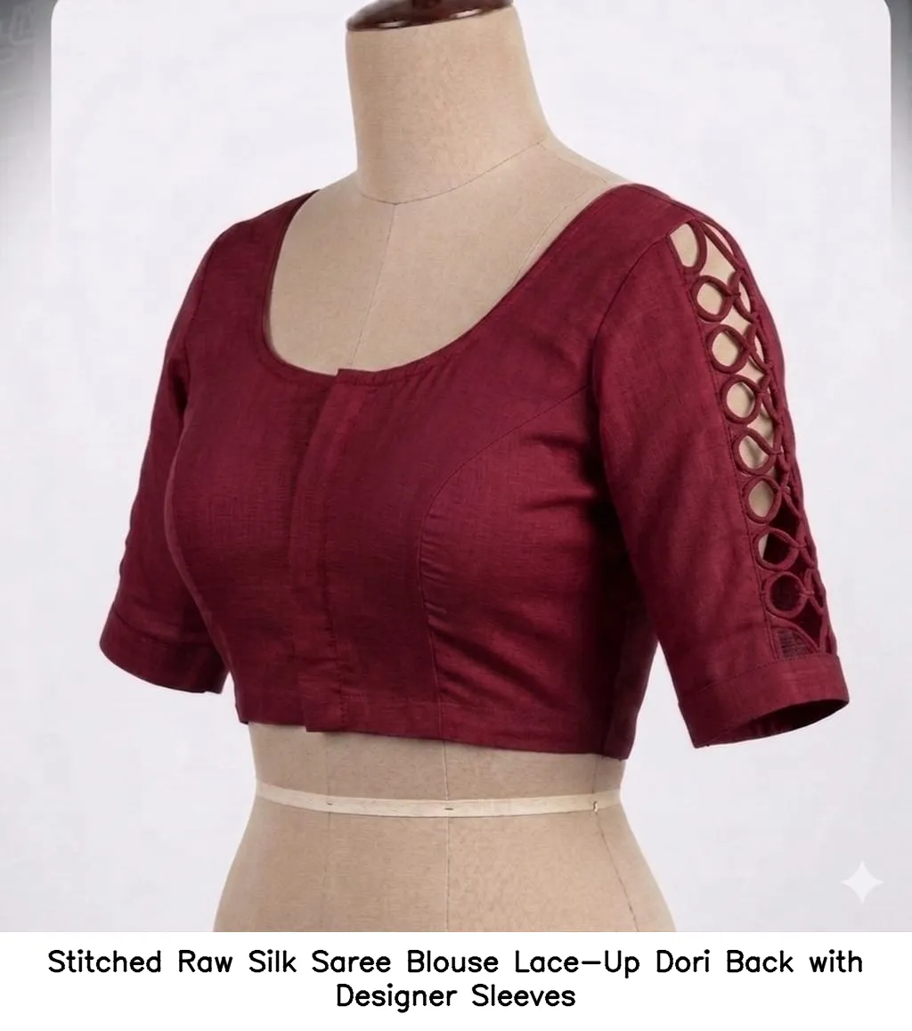 Stitched Raw Silk Saree Blouse – Lace-Up Dori Back with Designer Sleeves
