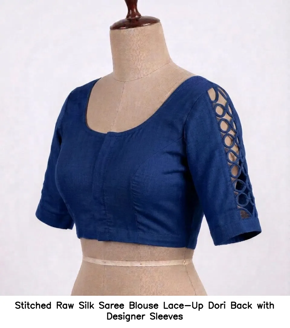 Stitched Raw Silk Saree Blouse – Lace-Up Dori Back with Designer Sleeves