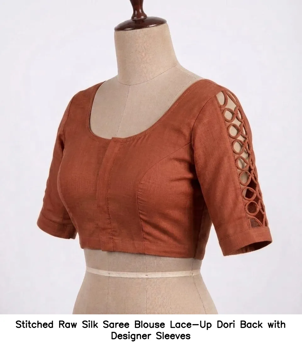 Stitched Raw Silk Saree Blouse – Lace-Up Dori Back with Designer Sleeves