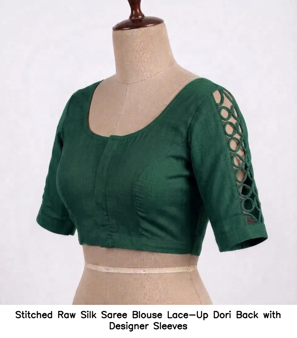 Stitched Raw Silk Saree Blouse – Lace-Up Dori Back with Designer Sleeves