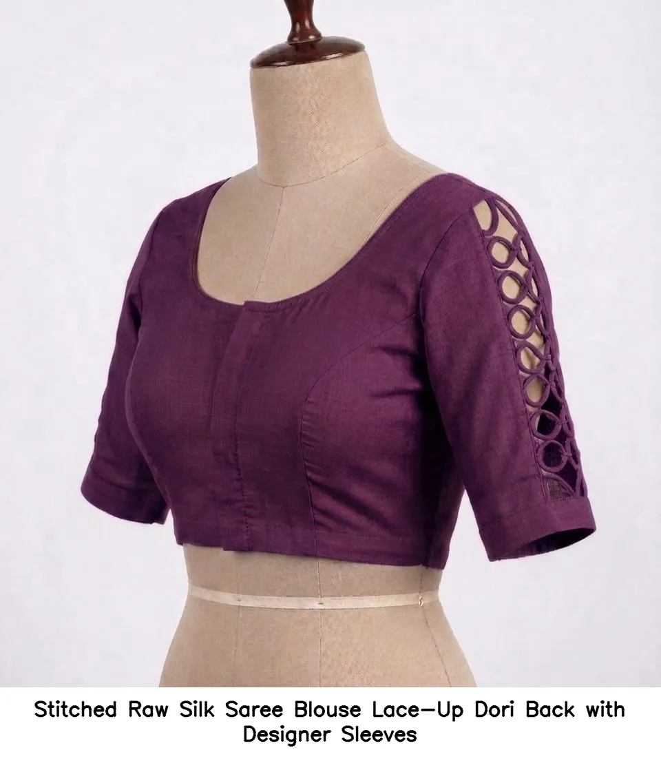 Stitched Raw Silk Saree Blouse – Lace-Up Dori Back with Designer Sleeves