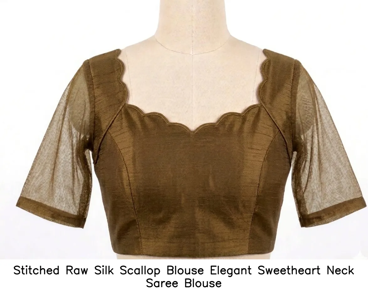 Stitched Raw Silk Scallop Blouse – Elegant Sweetheart Neck Saree Blouse