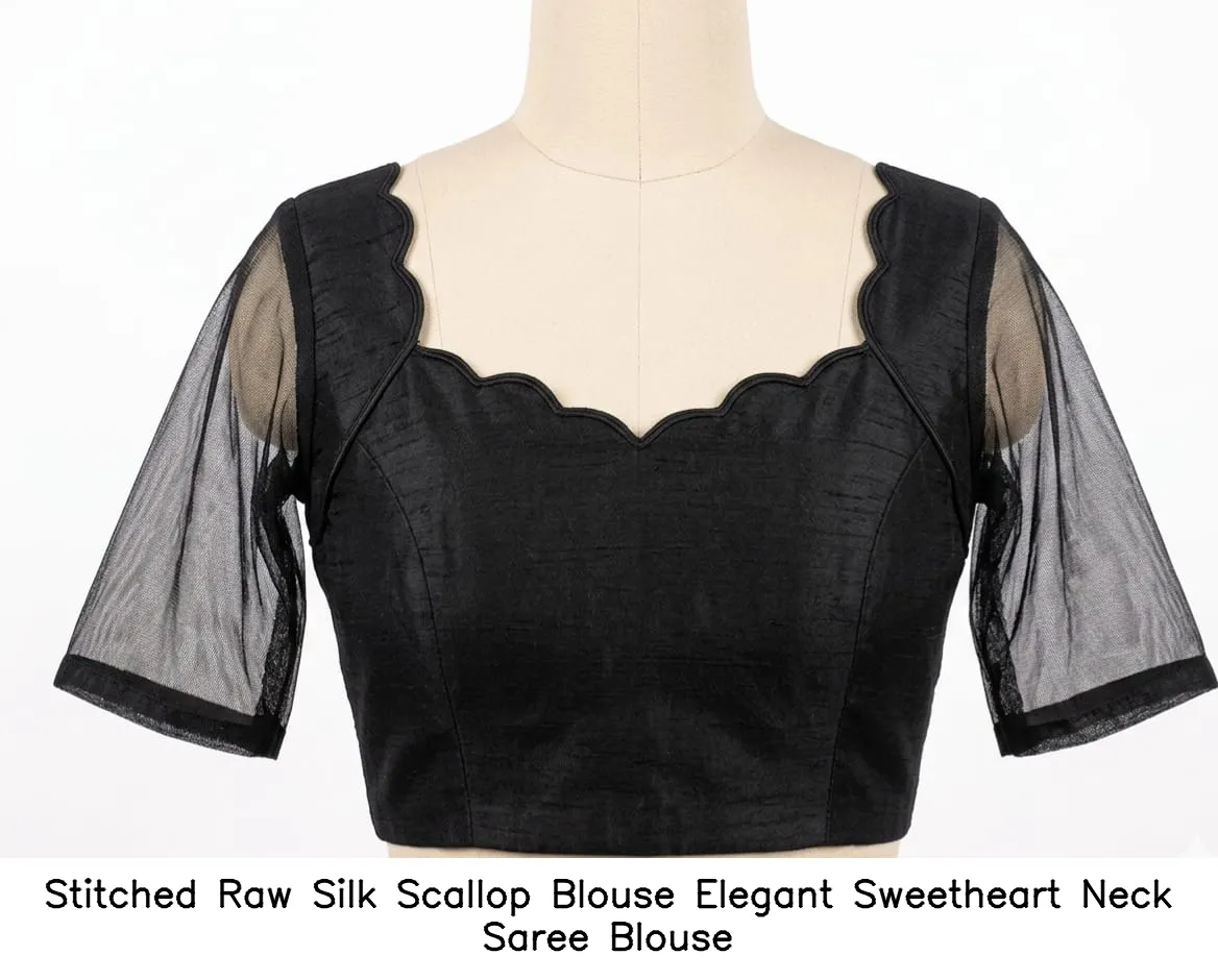 Stitched Raw Silk Scallop Blouse – Elegant Sweetheart Neck Saree Blouse