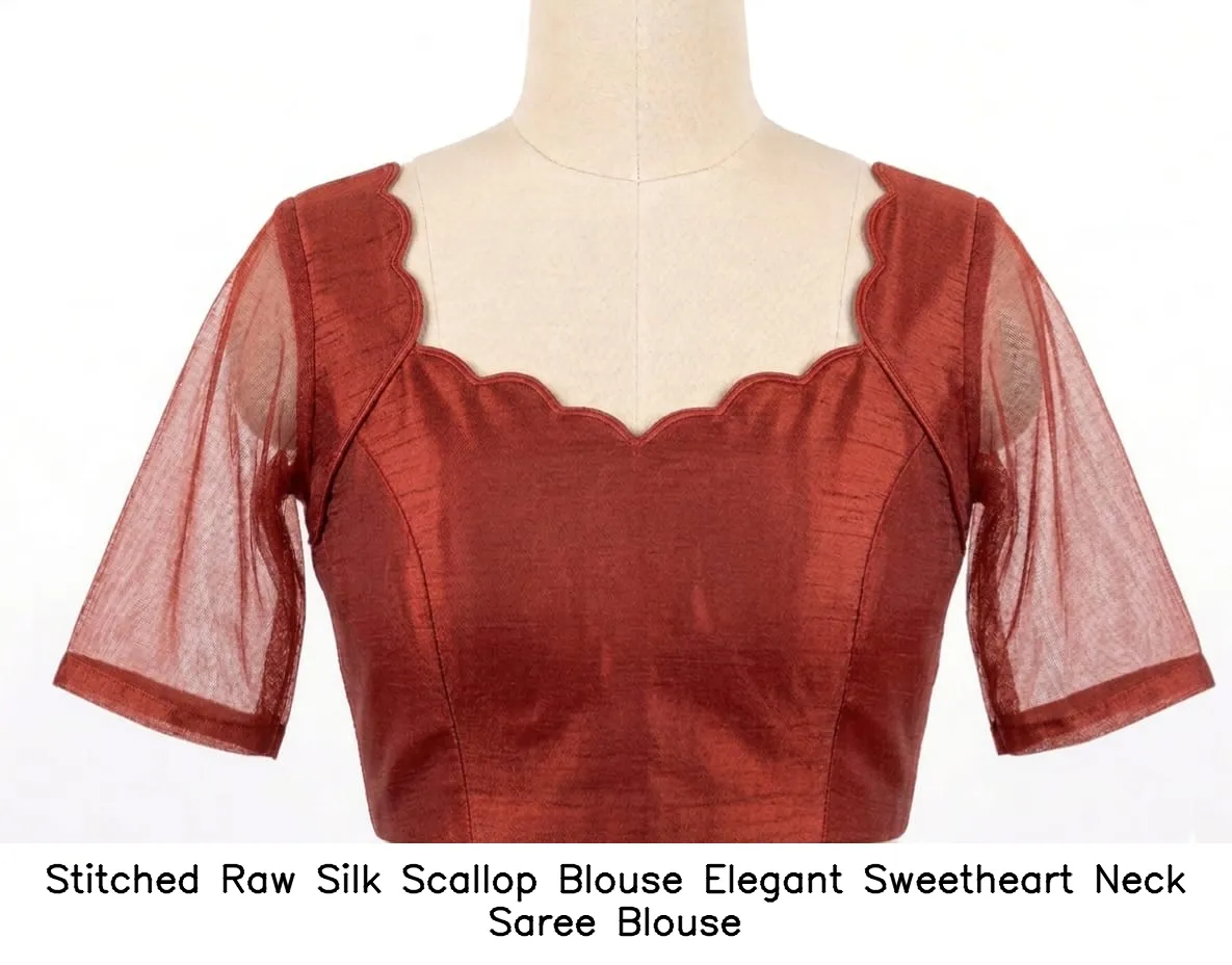 Stitched Raw Silk Scallop Blouse – Elegant Sweetheart Neck Saree Blouse