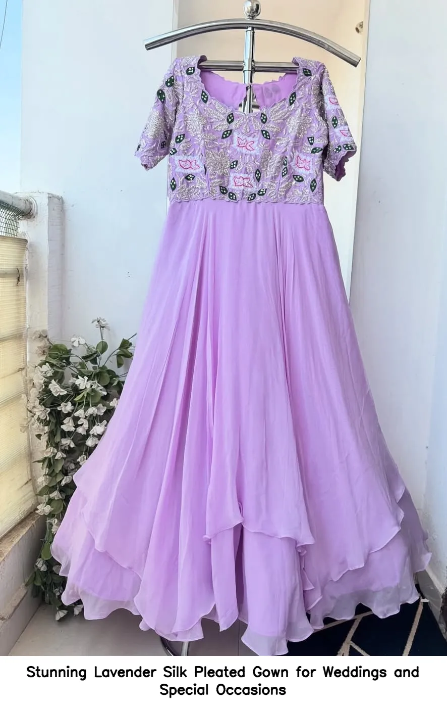 stunning lavender silk pleated gown for weddings and special occasions