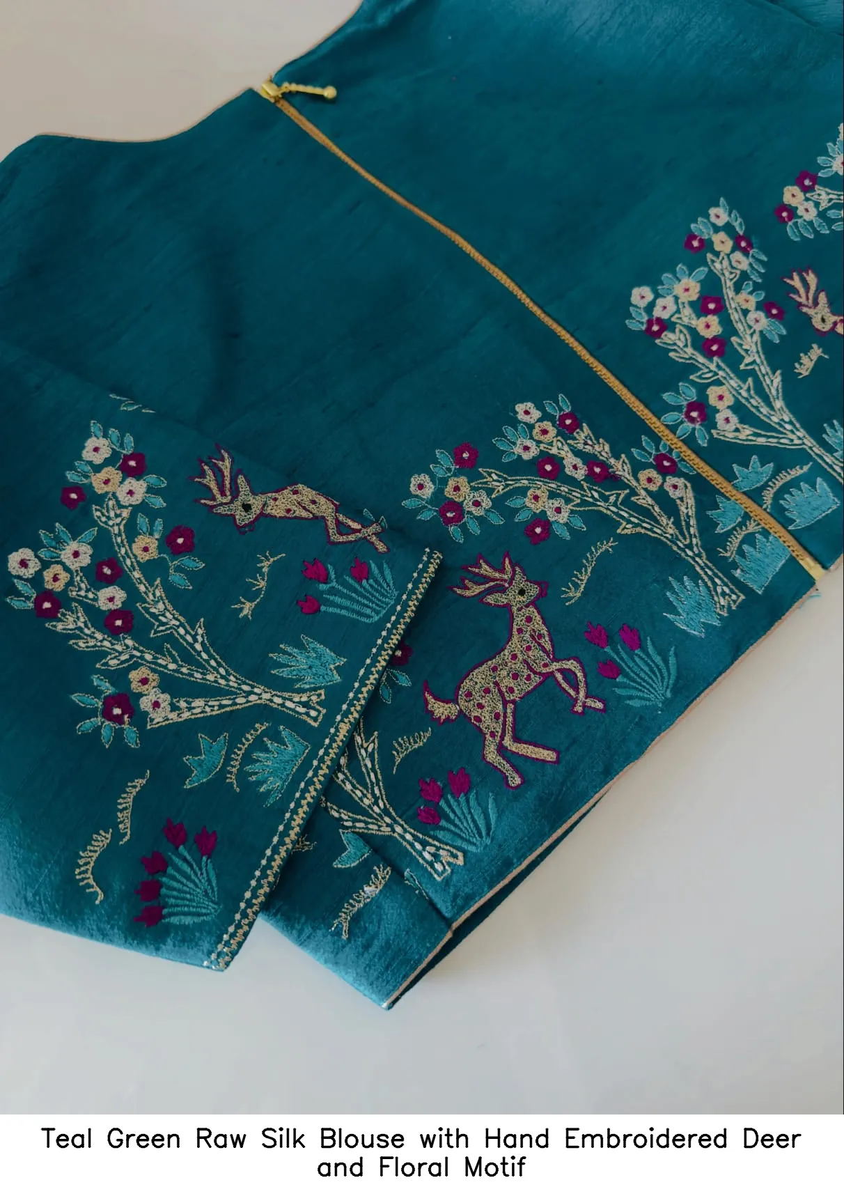Teal Green Raw Silk Blouse with Hand Embroidered Deer and Floral Motif
