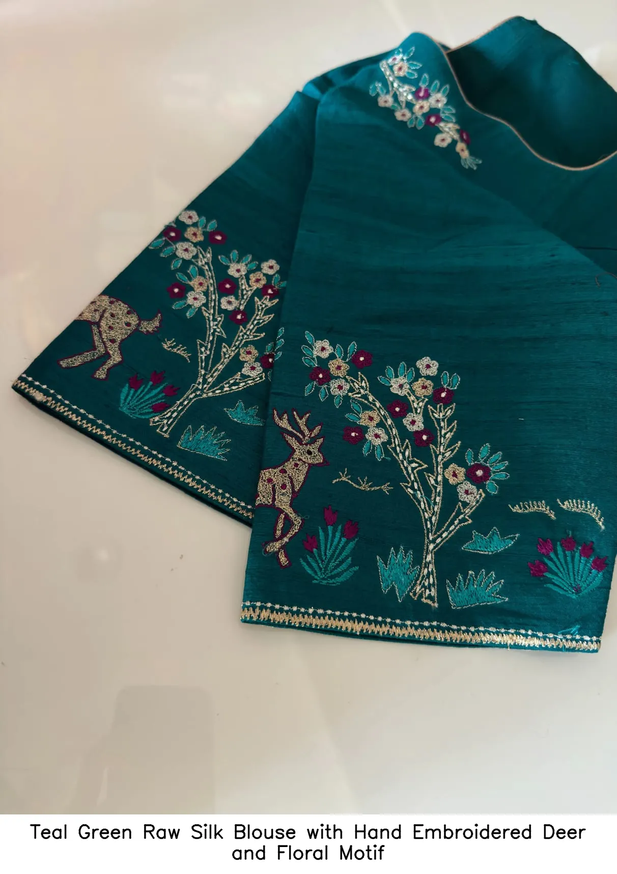 Teal Green Raw Silk Blouse with Hand Embroidered Deer and Floral Motif