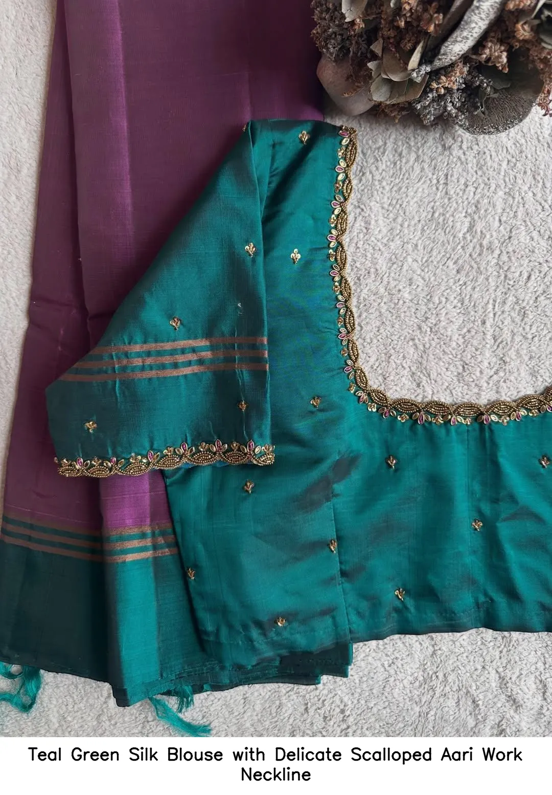 Teal Green Silk Blouse with Delicate Scalloped Aari Work Neckline