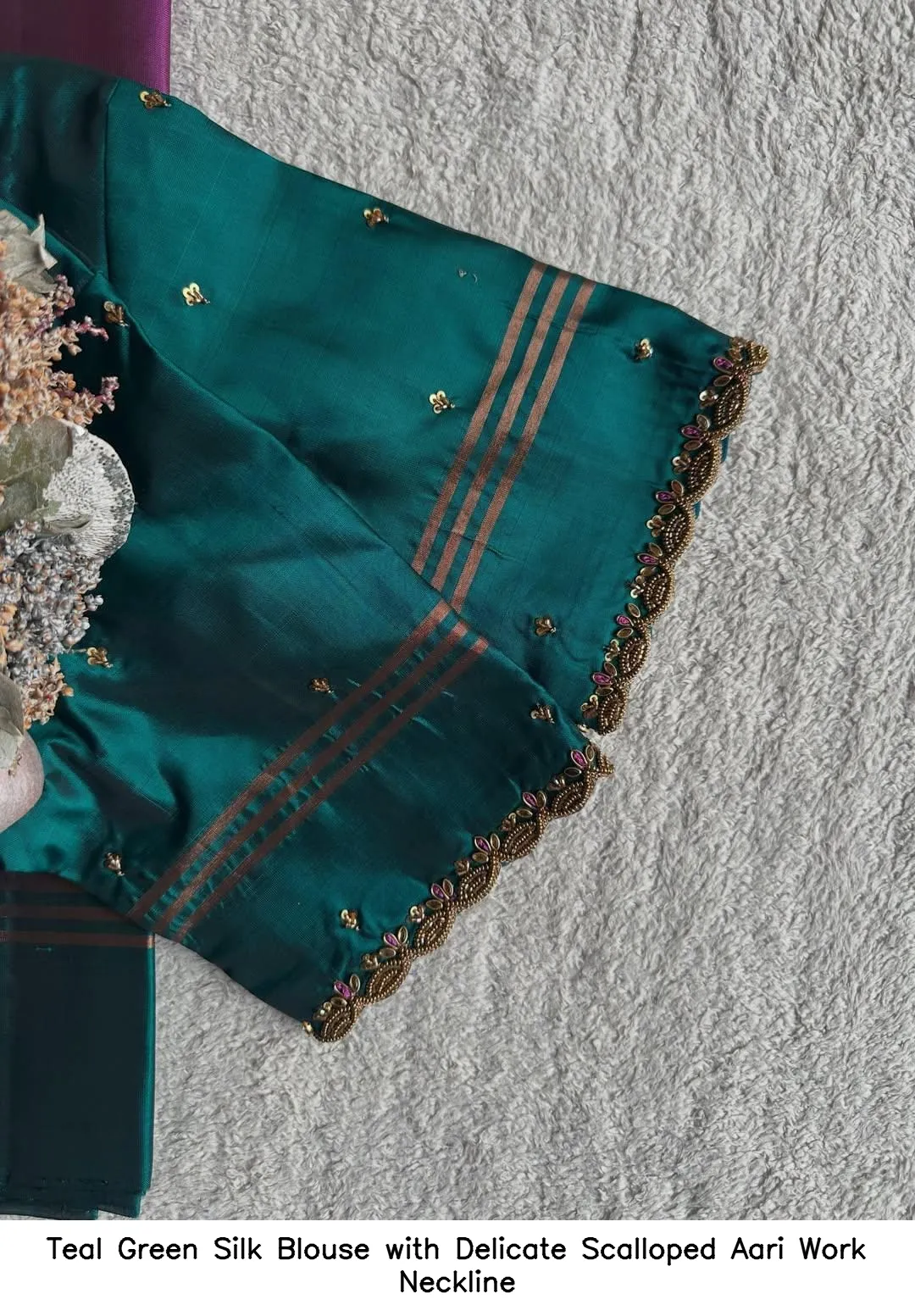 Teal Green Silk Blouse with Delicate Scalloped Aari Work Neckline