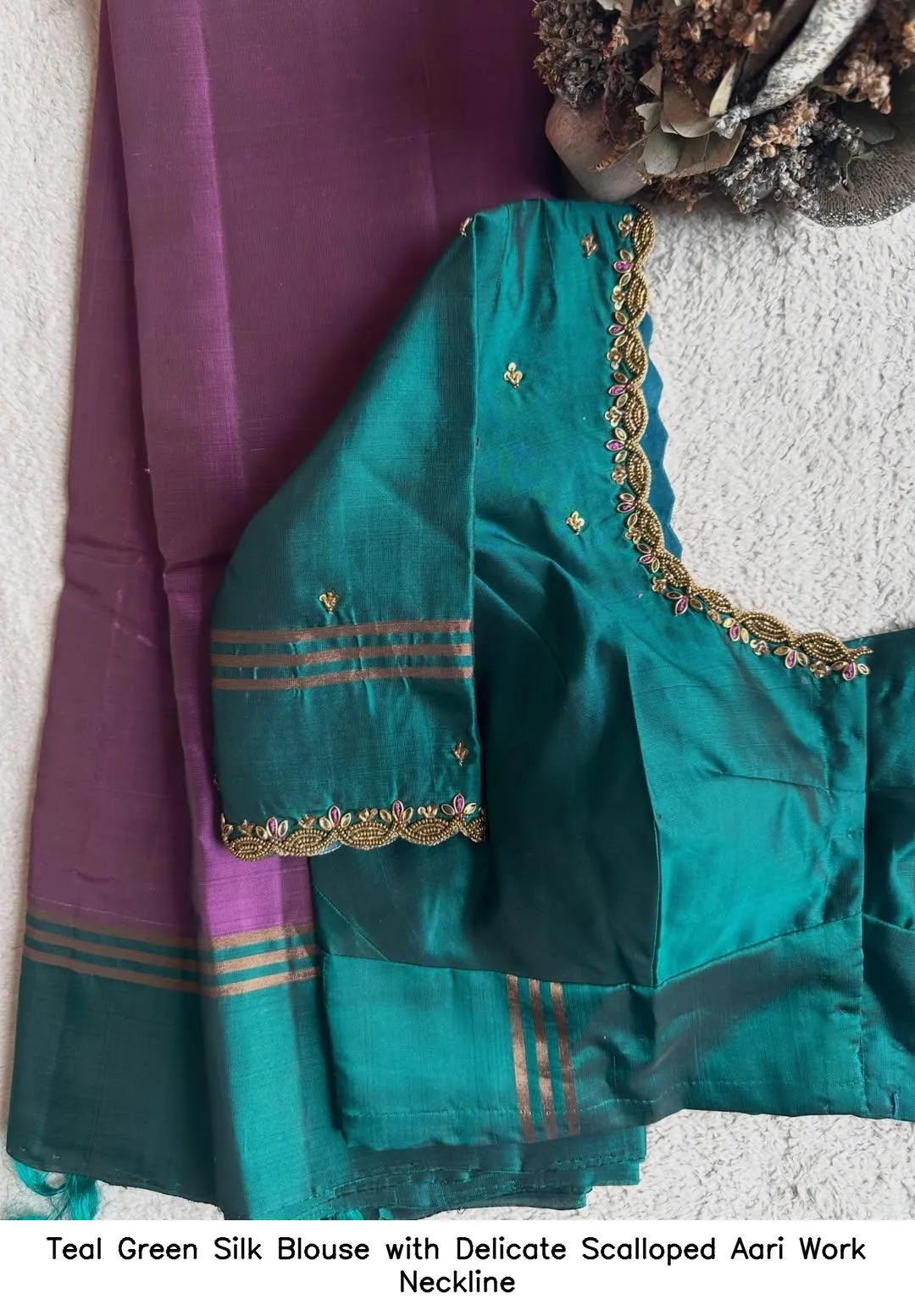 Teal Green Silk Blouse with Delicate Scalloped Aari Work Neckline
