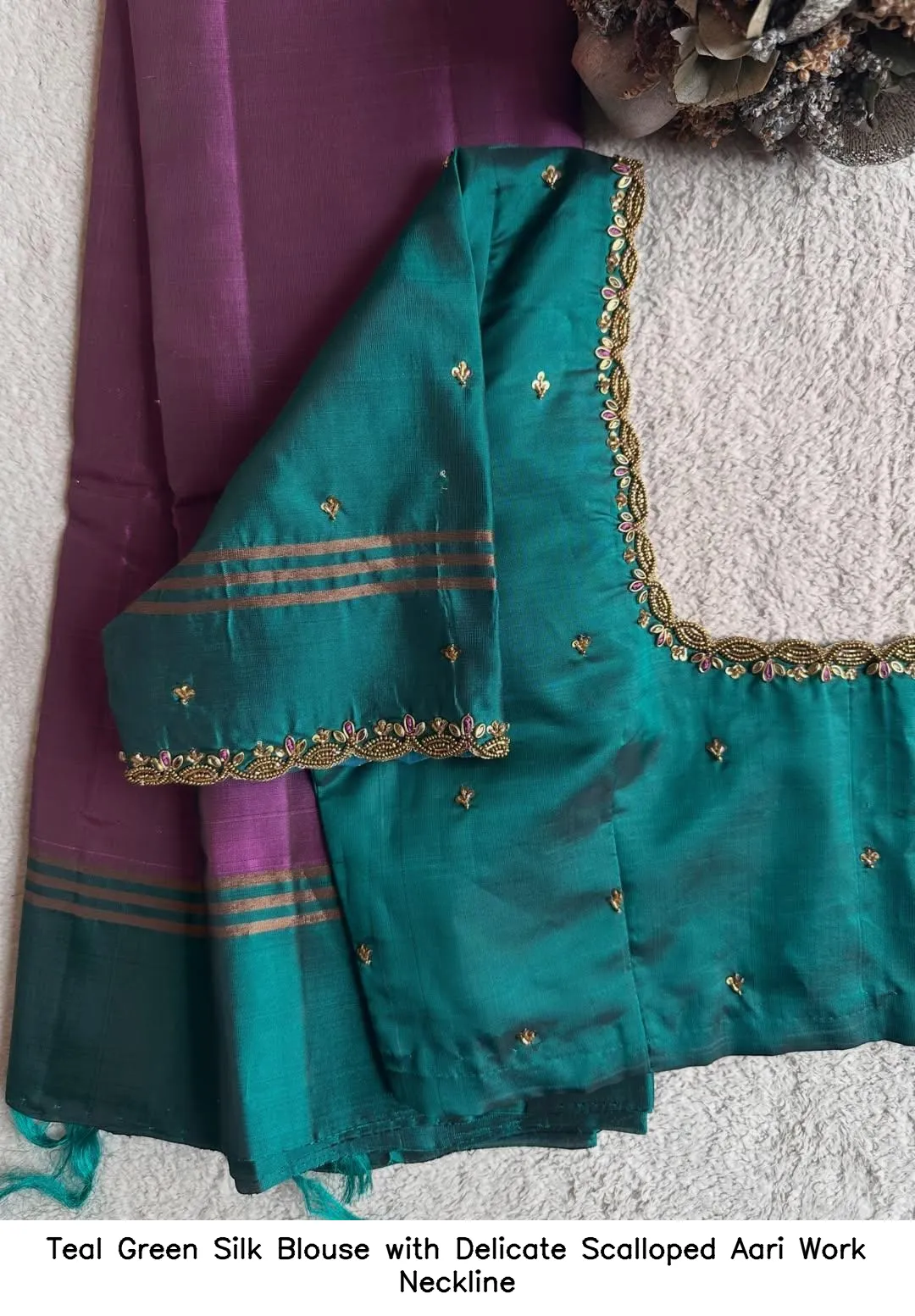 Teal Green Silk Blouse with Delicate Scalloped Aari Work Neckline