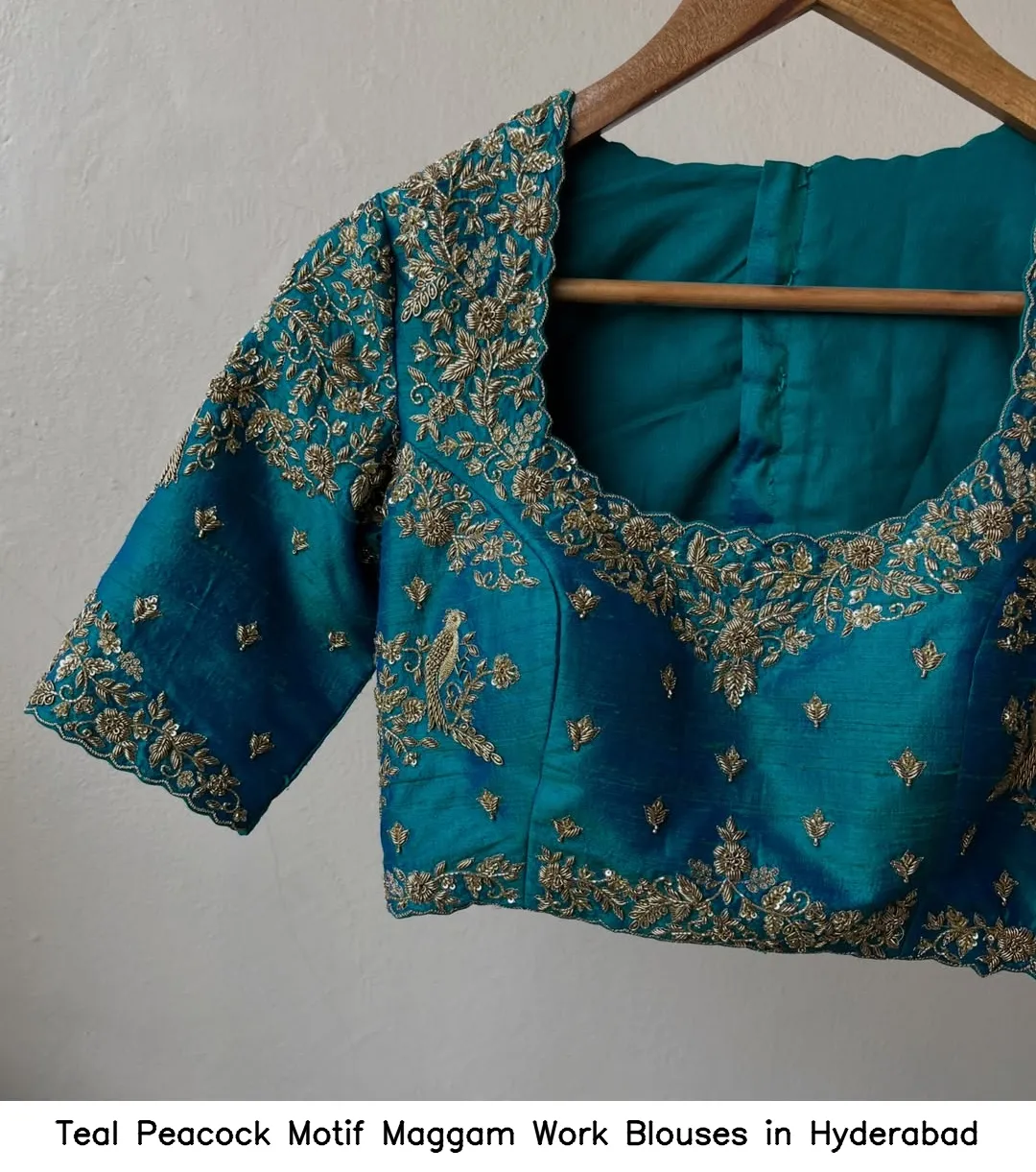 Teal Peacock Motif Maggam Work Blouses in Hyderabad