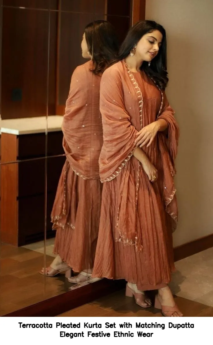 Terracotta Pleated Kurta Set with Matching Dupatta – Elegant Festive Ethnic Wear