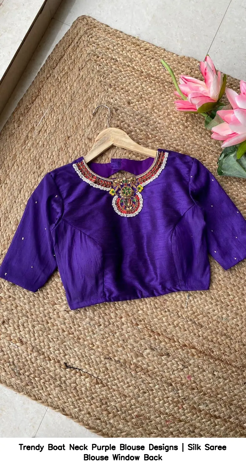 Trendy Boat Neck Purple Blouse Designs | Silk Saree Blouse Window Back