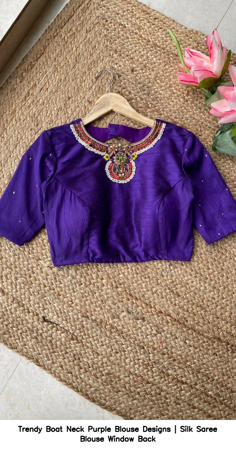 Trendy Boat Neck Purple Blouse Designs | Silk Saree Blouse Window Back