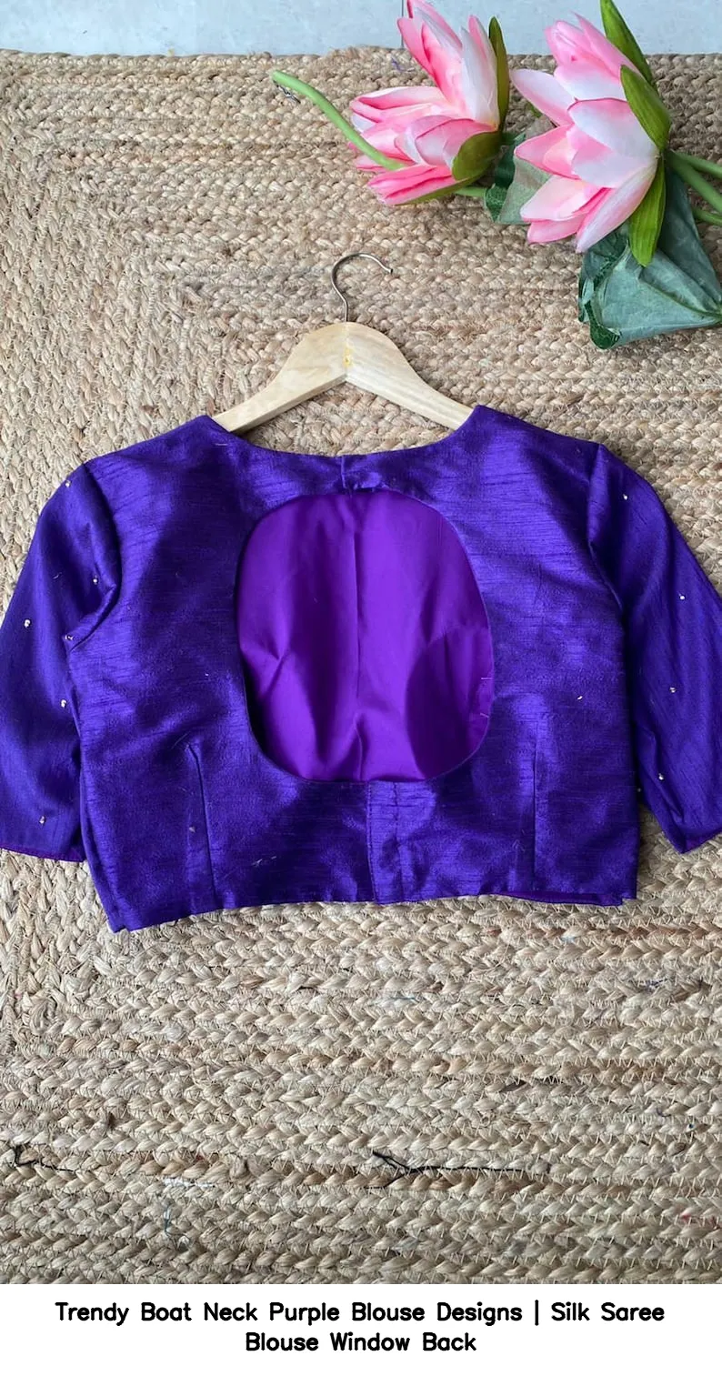 Trendy Boat Neck Purple Blouse Designs | Silk Saree Blouse Window Back