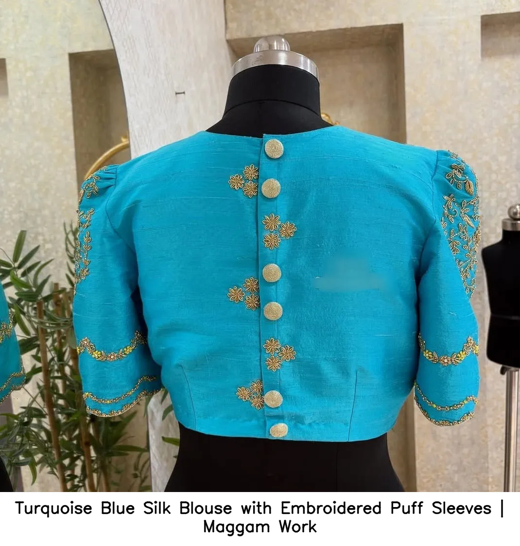Turquoise Blue Silk Blouse with Embroidered Puff Sleeves | Maggam Work