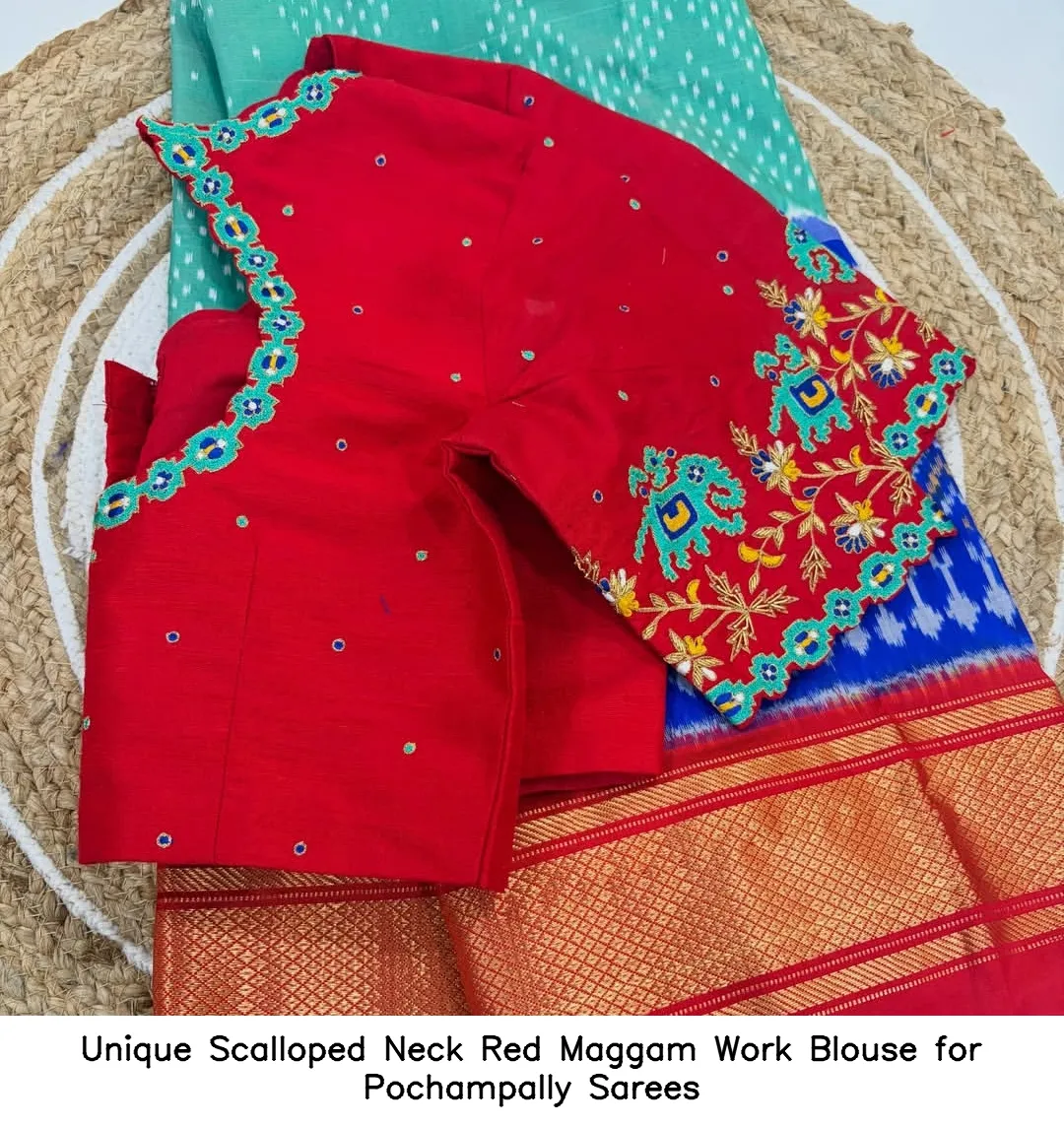 Unique Scalloped Neck Red Maggam Work Blouse for Pochampally Sarees