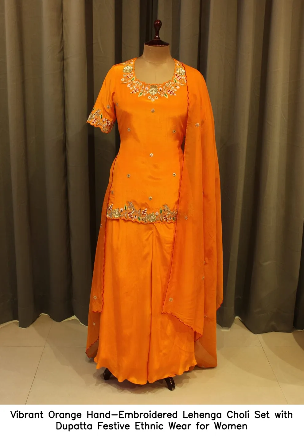 Vibrant Orange Hand-Embroidered Lehenga Choli Set with Dupatta – Festive Ethnic Wear for Women