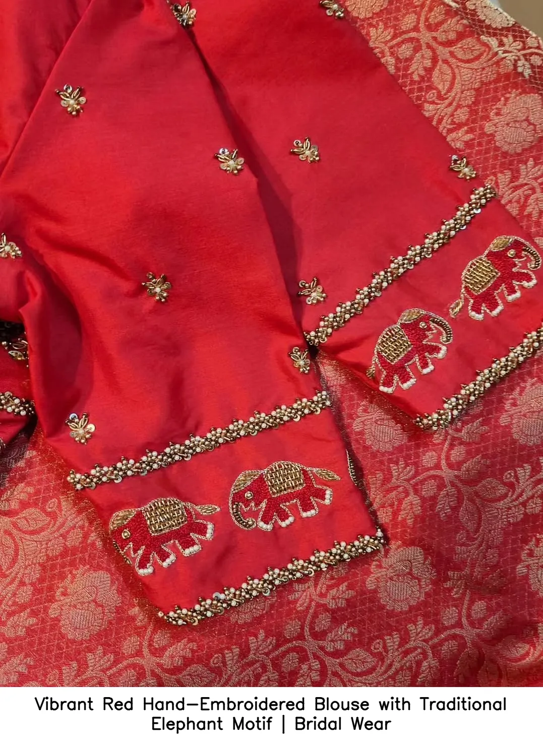 Vibrant Red Hand-Embroidered Blouse with Traditional Elephant Motif | Bridal Wear 2