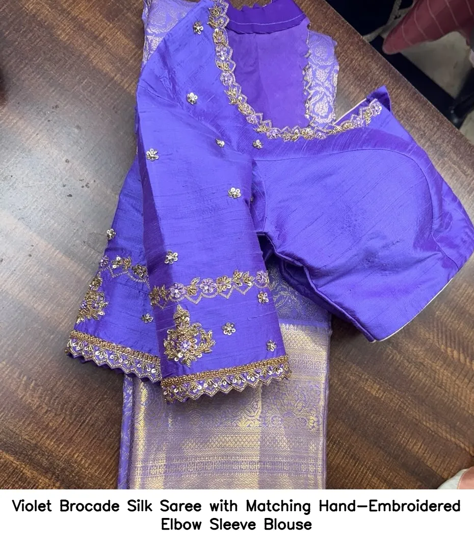 Violet Brocade Silk Saree with Matching Hand-Embroidered Elbow Sleeve Blouse