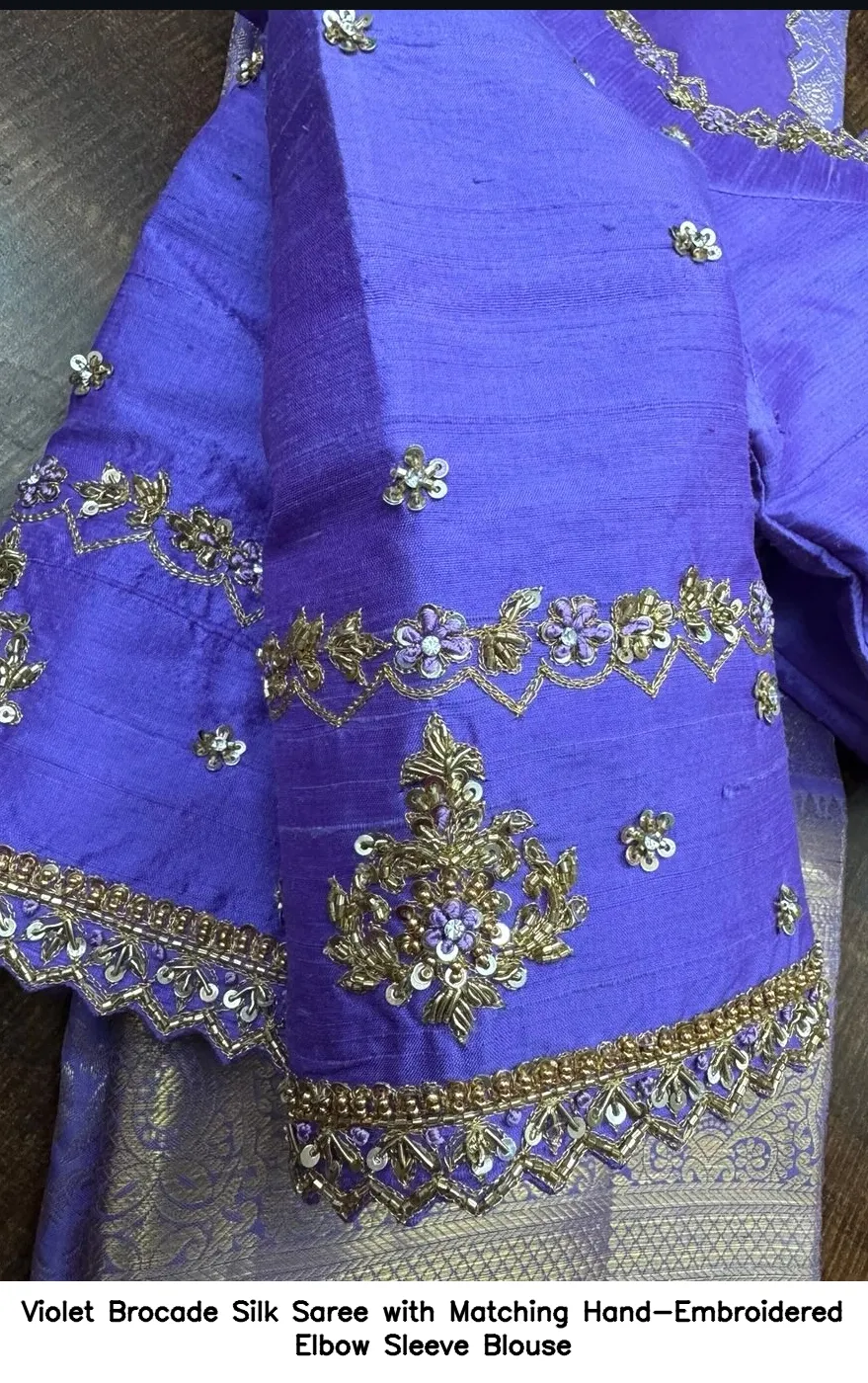 Violet Brocade Silk Saree with Matching Hand-Embroidered Elbow Sleeve Blouse
