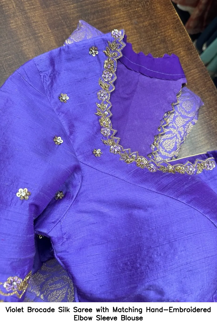 Violet Brocade Silk Saree with Matching Hand-Embroidered Elbow Sleeve Blouse