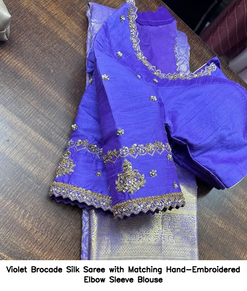 Violet Brocade Silk Saree with Matching Hand-Embroidered Elbow Sleeve Blouse