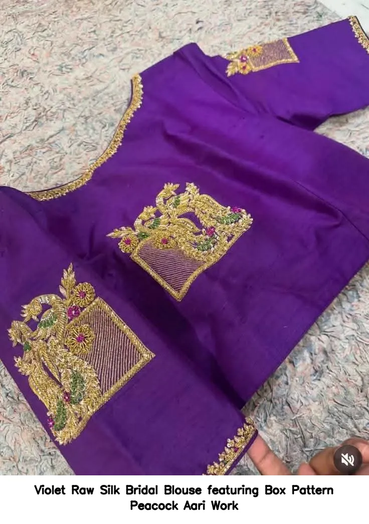Violet Raw Silk Bridal Blouse featuring Box Pattern Peacock Aari Work