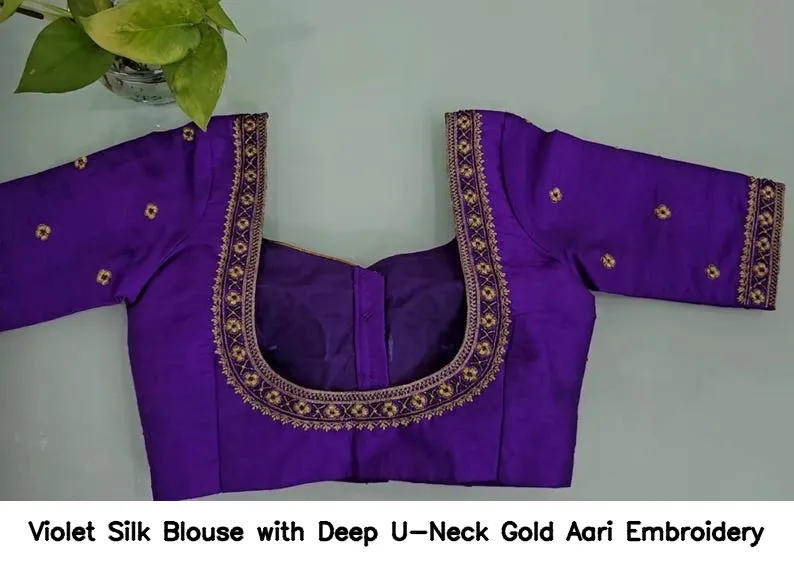 Violet Silk Blouse with Deep U-Neck Gold Aari Embroidery