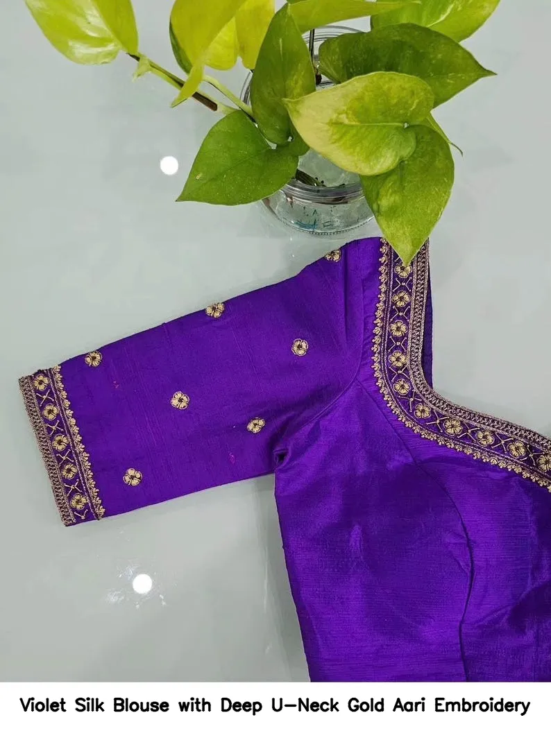 Violet Silk Blouse with Deep U-Neck Gold Aari Embroidery