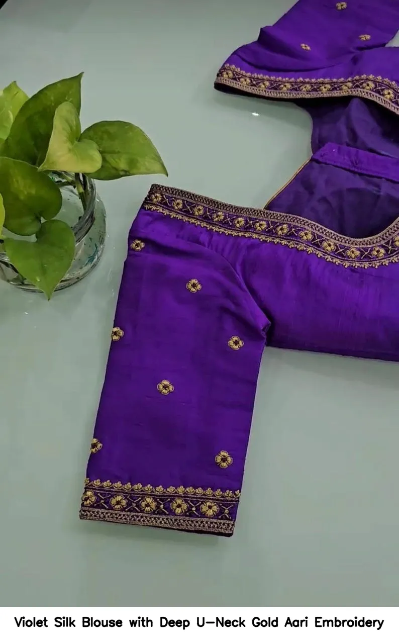 Violet Silk Blouse with Deep U-Neck Gold Aari Embroidery