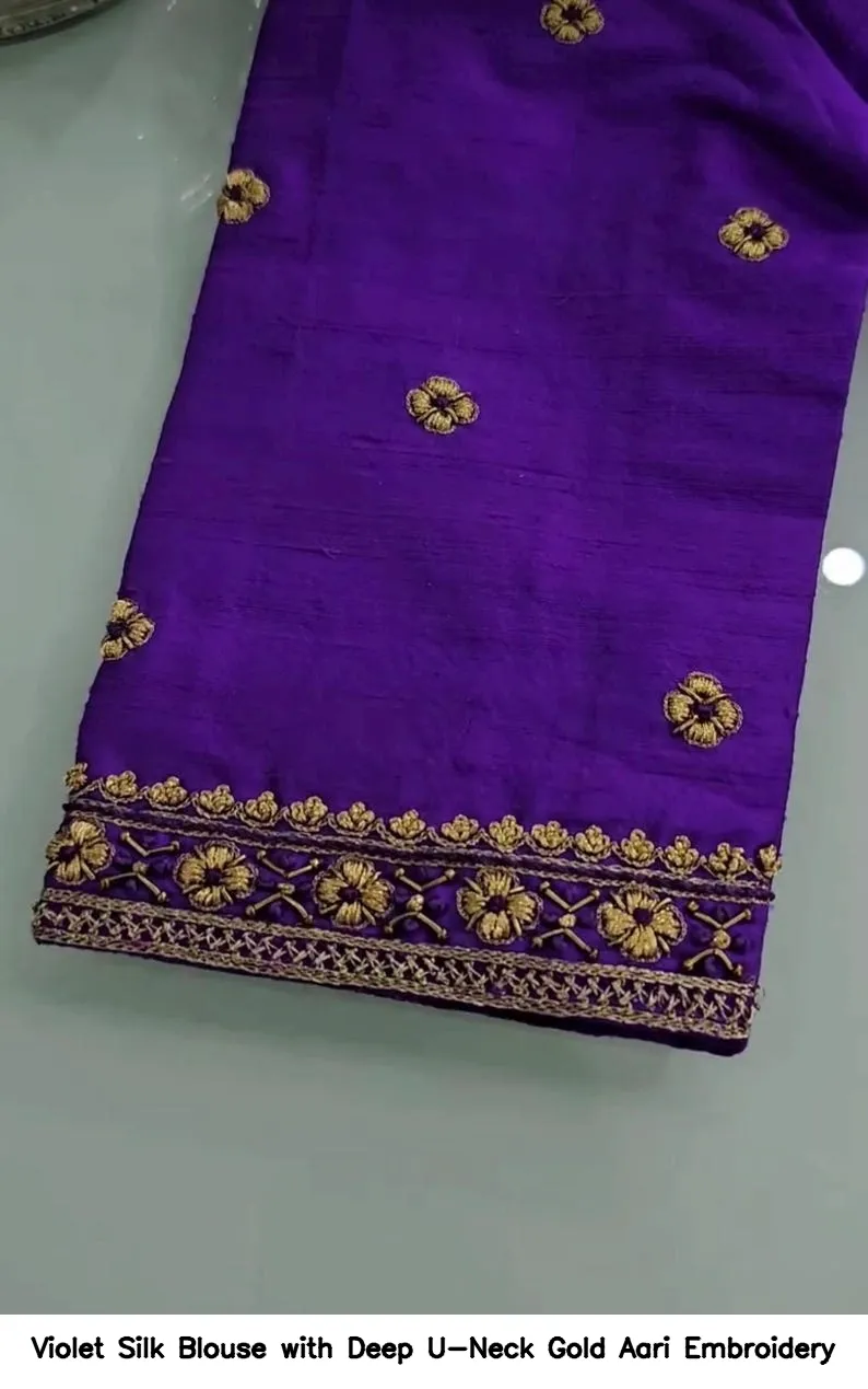 Violet Silk Blouse with Deep U-Neck Gold Aari Embroidery