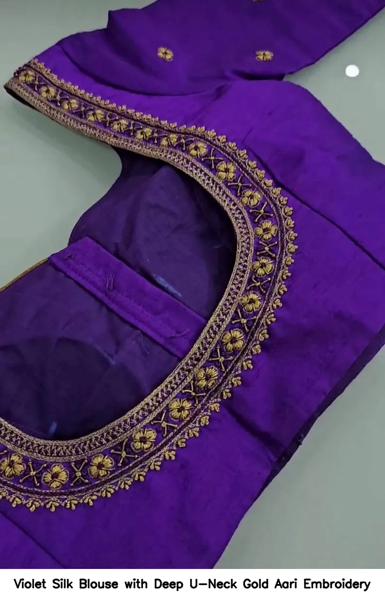 Violet Silk Blouse with Deep U-Neck Gold Aari Embroidery