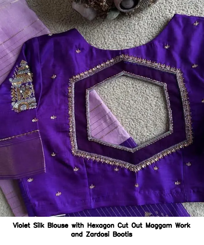 Violet Silk Blouse with Hexagon Cut Out Maggam Work and Zardosi Bootis
