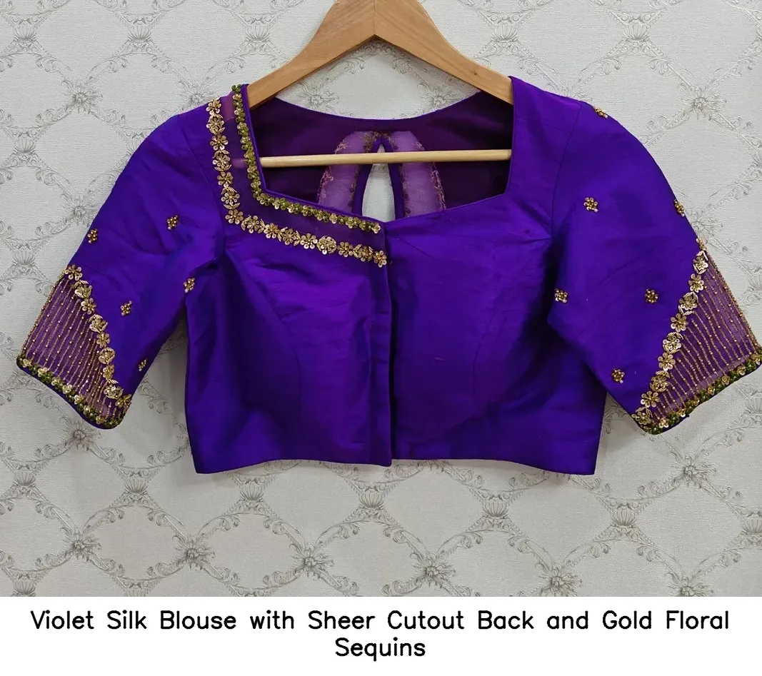 Violet Silk Blouse with Sheer Cutout Back and Gold Floral Sequins