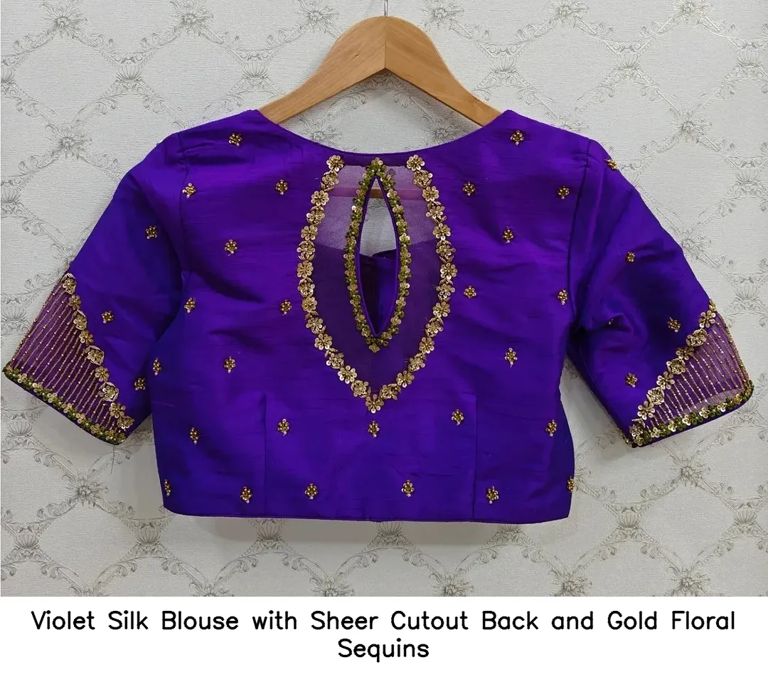 Violet Silk Blouse with Sheer Cutout Back and Gold Floral Sequins