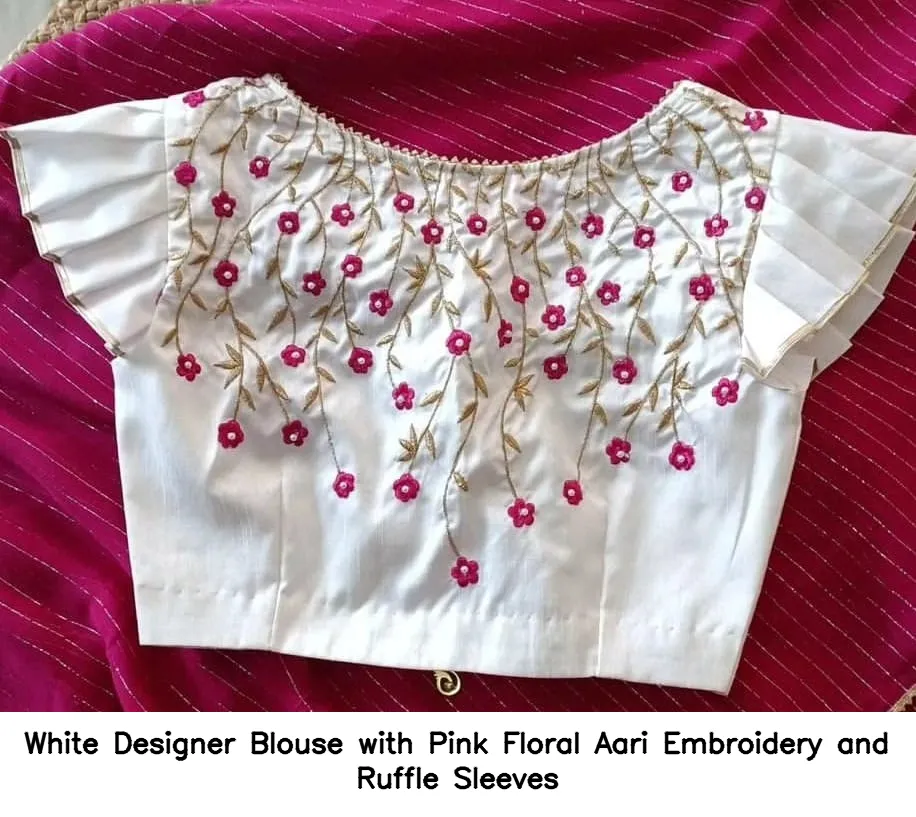 White Designer Blouse with Pink Floral Aari Embroidery and Ruffle Sleeves
