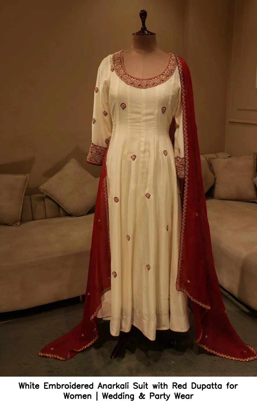 White Embroidered Anarkali Suit with Red Dupatta for Women | Wedding & Party Wear