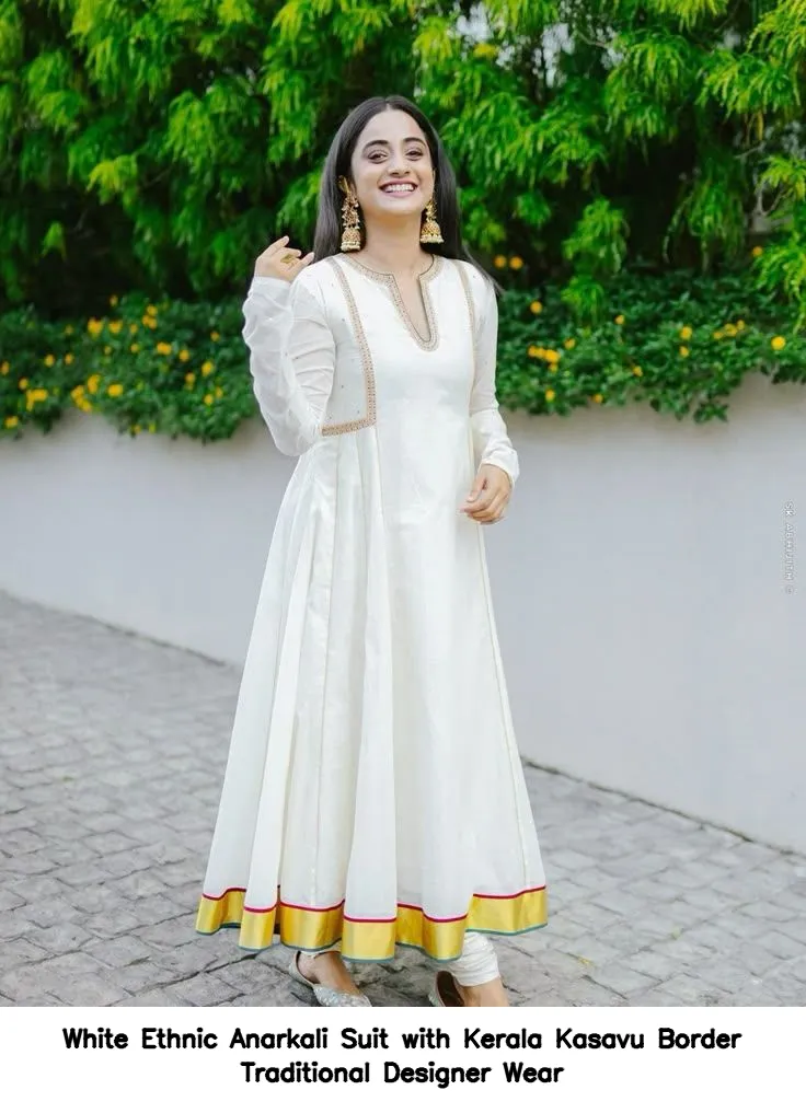 White Ethnic Anarkali Suit Kerala Kasavu