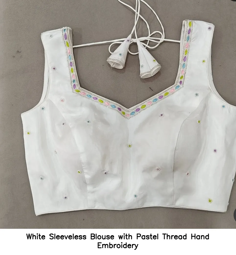 White Sleeveless Blouse with Pastel Thread Hand Embroidery