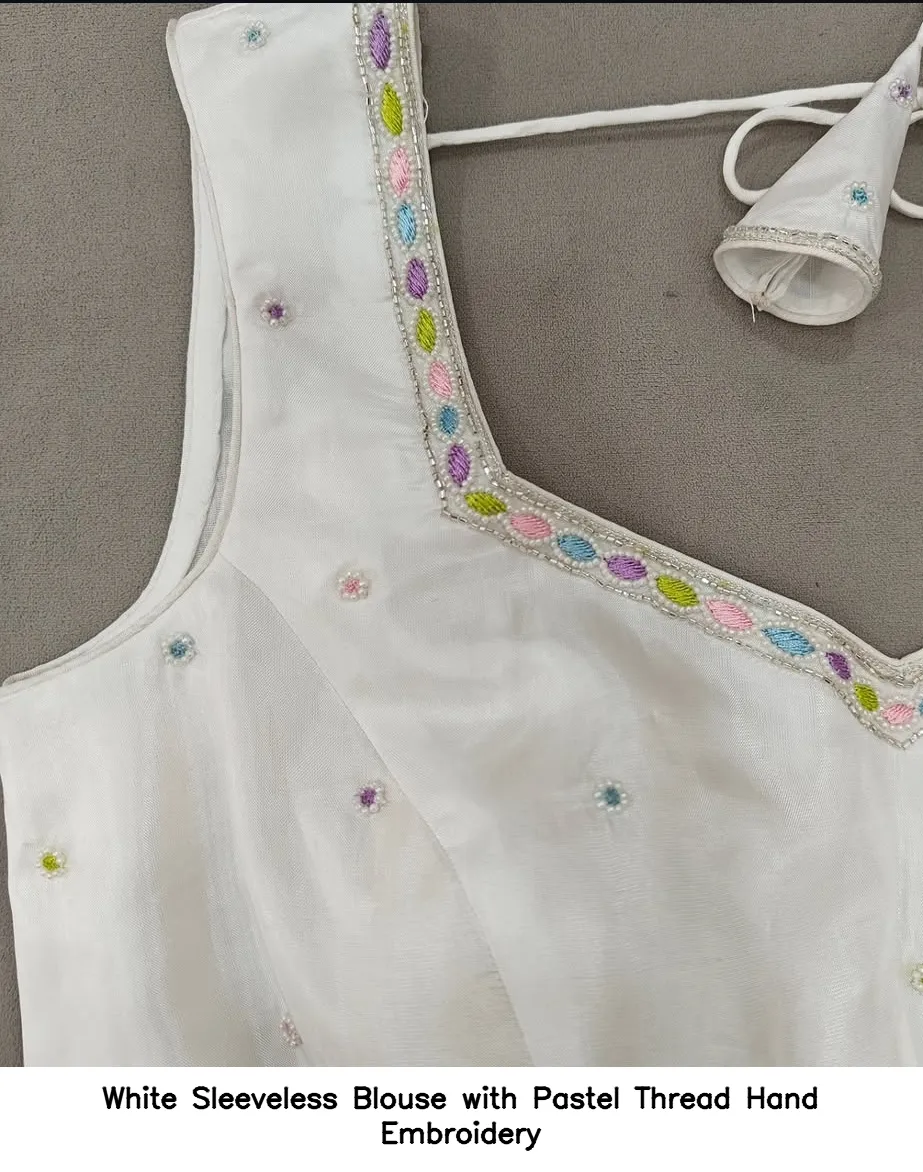 White Sleeveless Blouse with Pastel Thread Hand Embroidery