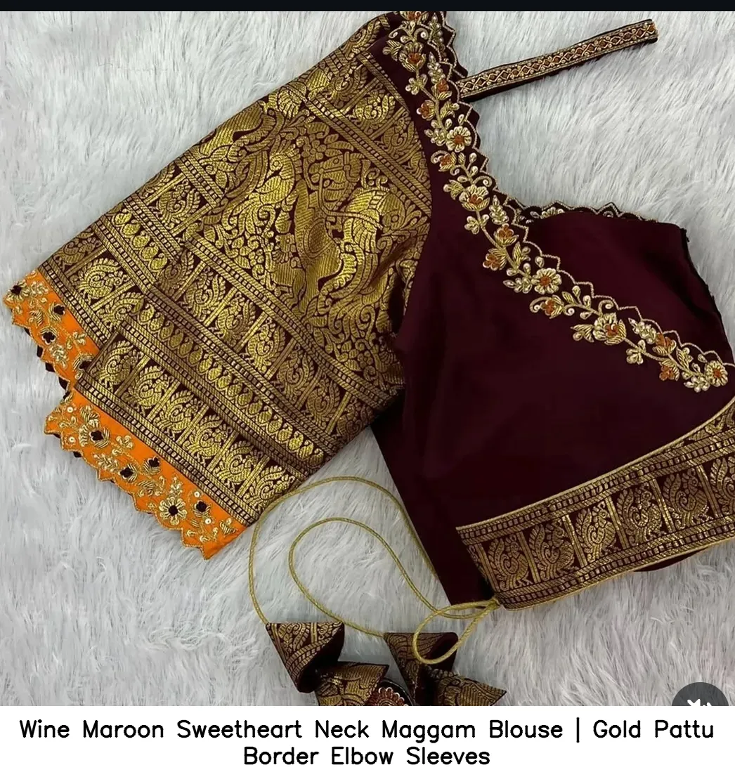 Wine Maroon Sweetheart Neck Maggam Blouse | Gold Pattu Border Elbow Sleeves