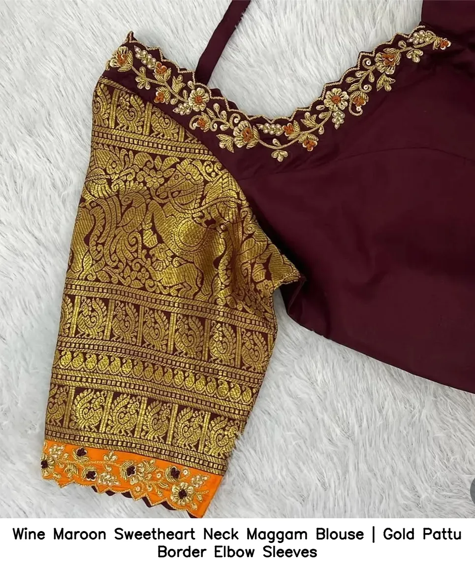 Wine Maroon Sweetheart Neck Maggam Blouse | Gold Pattu Border Elbow Sleeves