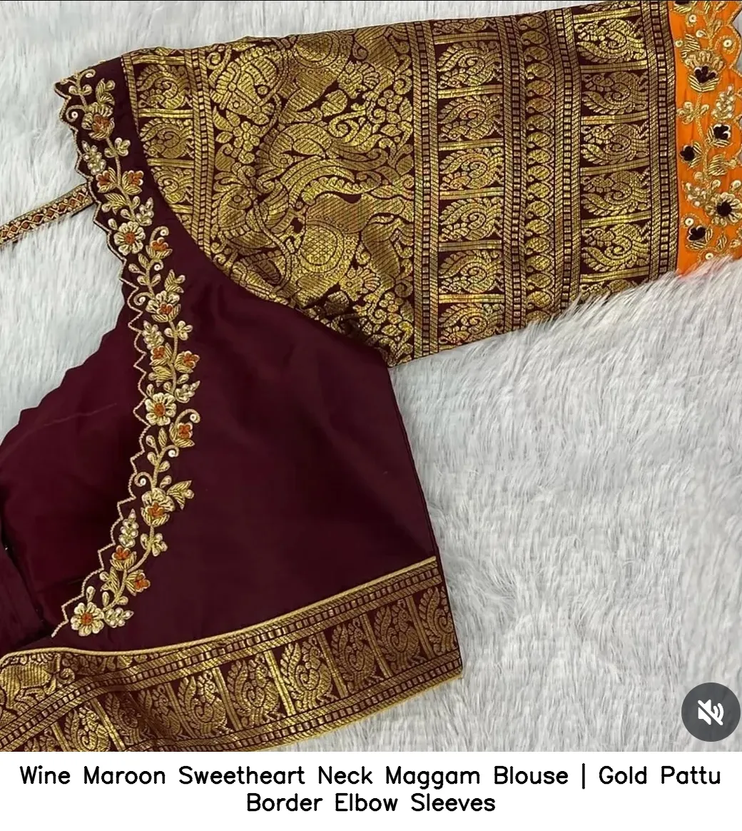Wine Maroon Sweetheart Neck Maggam Blouse | Gold Pattu Border Elbow Sleeves
