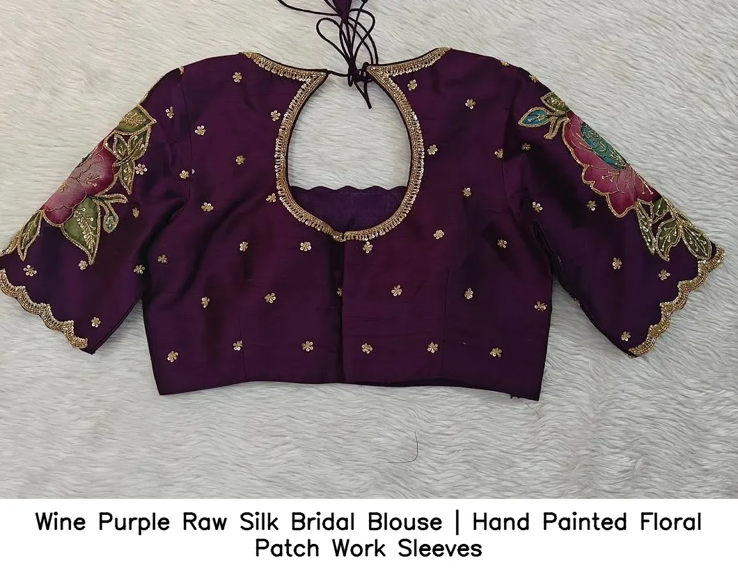 Wine Purple Raw Silk Bridal Blouse | Hand Painted Floral Patch Work Sleeves