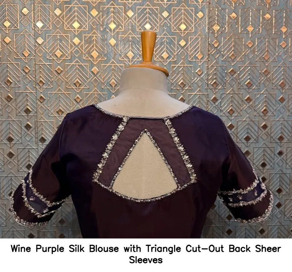 Wine Purple Silk Blouse with Triangle Cut-Out Back Sheer Sleeves
