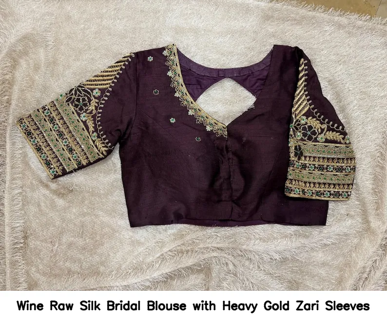 Wine Raw Silk Bridal Blouse with Heavy Gold Zari Sleeves